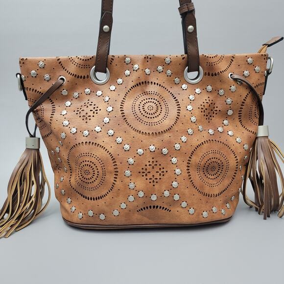 Sam And Hadley Tote Bag Cognac Studded Faux Leather Boho Purse Handbag - Picture 1 of 12